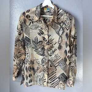 Sea Sun vintage blouse. Size Large. Tribal pattern. Sheet‎ fabric. Button, beach